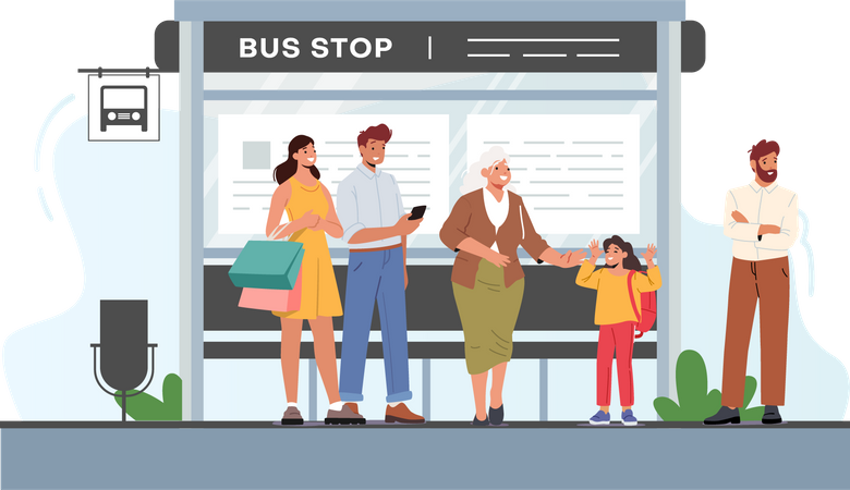 Groupe de personnes attendant à l'arrêt de bus  Illustration