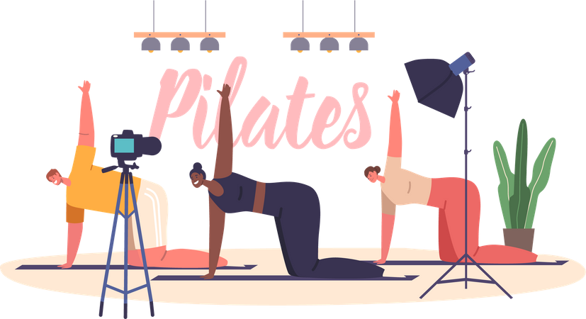 Un groupe de personnes enregistre une vidéo pour un blog Pilates  Illustration