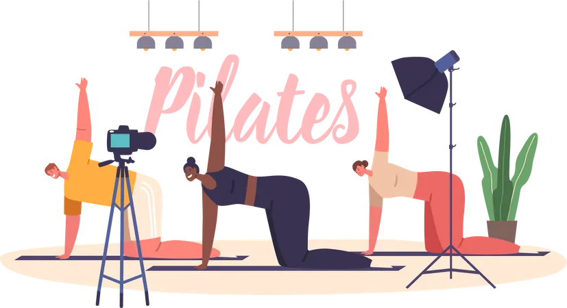 Un groupe de personnes enregistre une vidéo pour un blog Pilates  Illustration