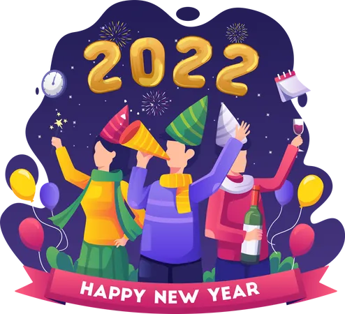 Groupe de personnes faisant la fête ensemble pour célébrer le réveillon du Nouvel An 2022  Illustration