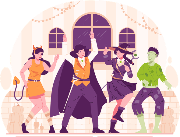 Groupe de personnes heureuses vêtues de divers costumes d'Halloween et dansant à la fête d'Halloween  Illustration