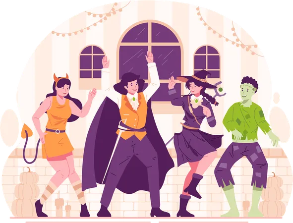 Groupe de personnes heureuses vêtues de divers costumes d'Halloween et dansant à la fête d'Halloween  Illustration