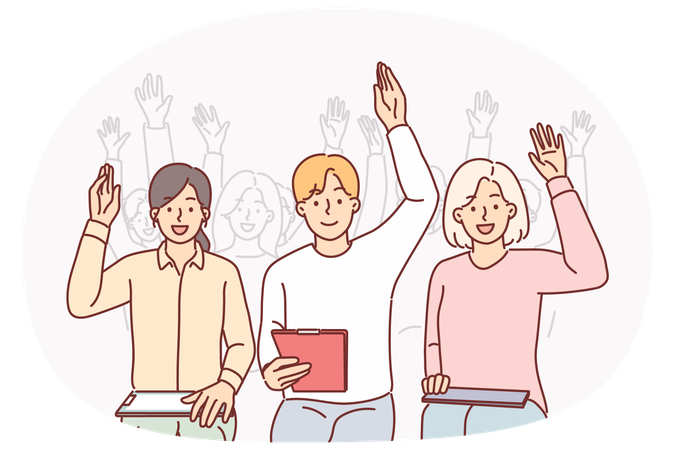 Un groupe de personnes lèvent la main, assis dans une salle de conférence et participant à une formation commerciale  Illustration