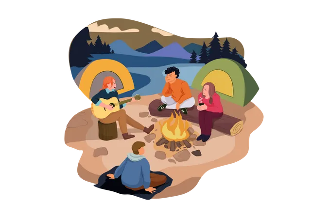 Groupe de personnes appréciant le camping  Illustration
