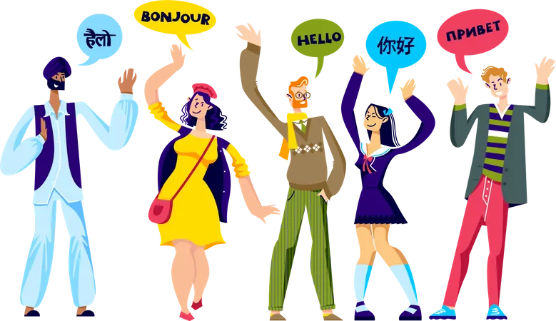 Groupe de personnes saluant dans différentes langues  Illustration