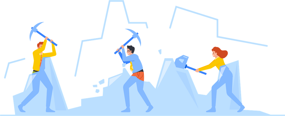 Groupe de personnes utilisant des marteaux travaillant dur pour briser de grandes glaces  Illustration