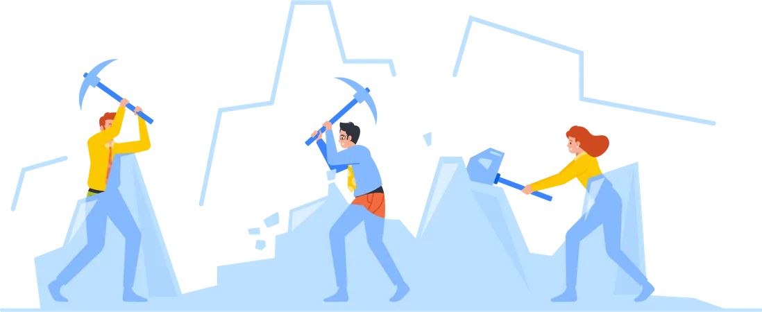 Groupe de personnes utilisant des marteaux travaillant dur pour briser de grandes glaces  Illustration