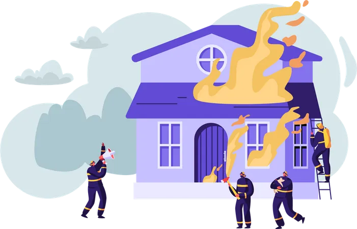 Groupe de pompiers combattant Blaze à Burning House  Illustration