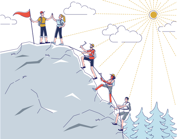 Groupe de randonneurs escaladant une montagne  Illustration