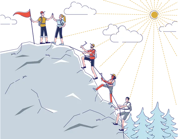 Groupe de randonneurs escaladant une montagne  Illustration