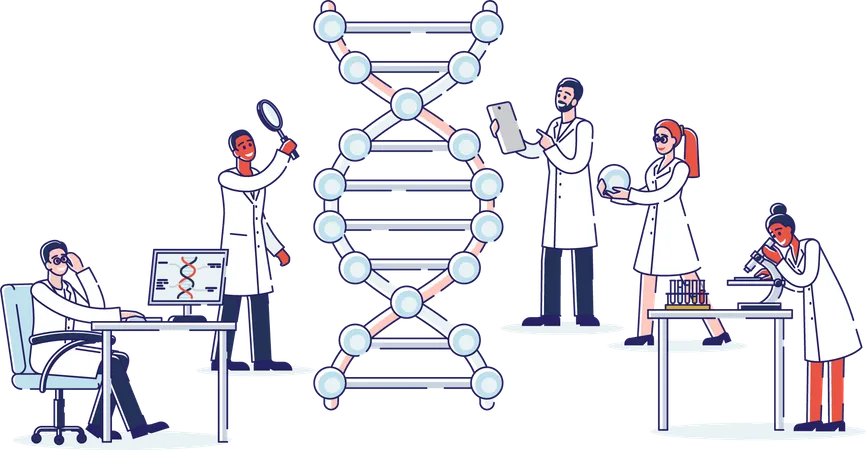 Un groupe de scientifiques professionnels travaille avec l'ADN moléculaire  Illustration