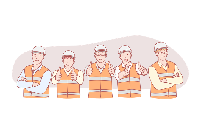 Groupe de travailleurs souriants en casque et uniforme  Illustration