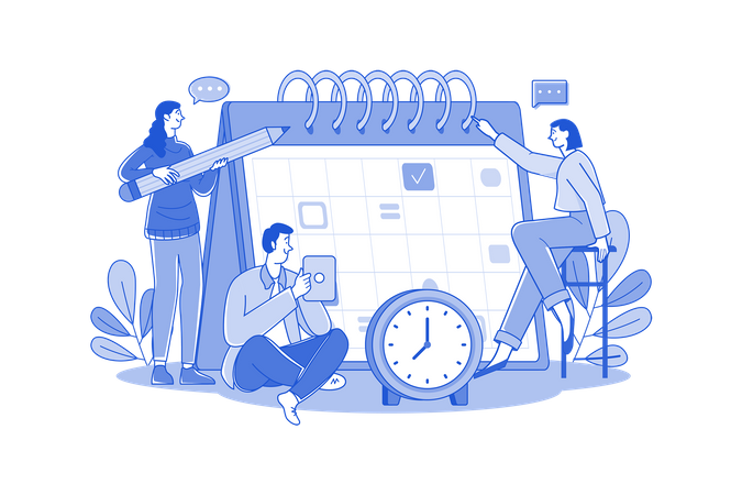 Groupe de travailleurs traitant du calendrier des jours  Illustration