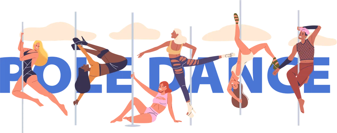 Groupe diversifié de personnes exécutant divers mouvements de pole dance  Illustration