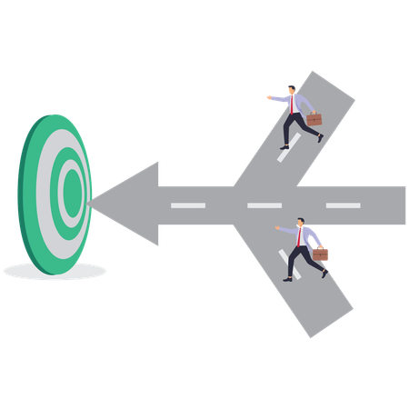 Des groupes de deux hommes d'affaires courent vers le même centre de cible depuis deux chemins différents  Illustration