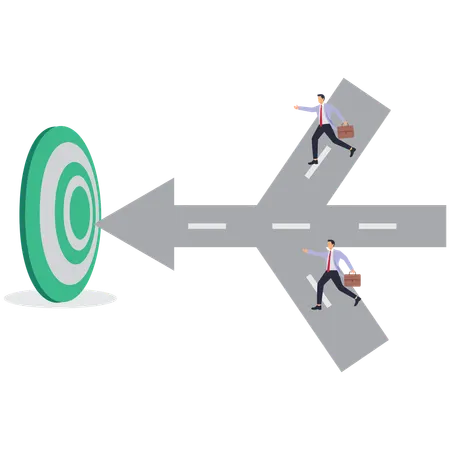 Des groupes de deux hommes d'affaires courent vers le même centre de cible depuis deux chemins différents  Illustration
