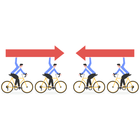 Des groupes d'hommes d'affaires se sont rassemblés en tenant des flèches dans des directions différentes  Illustration