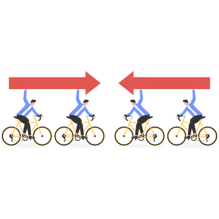 Des groupes d'hommes d'affaires se sont rassemblés en tenant des flèches dans des directions différentes  Illustration