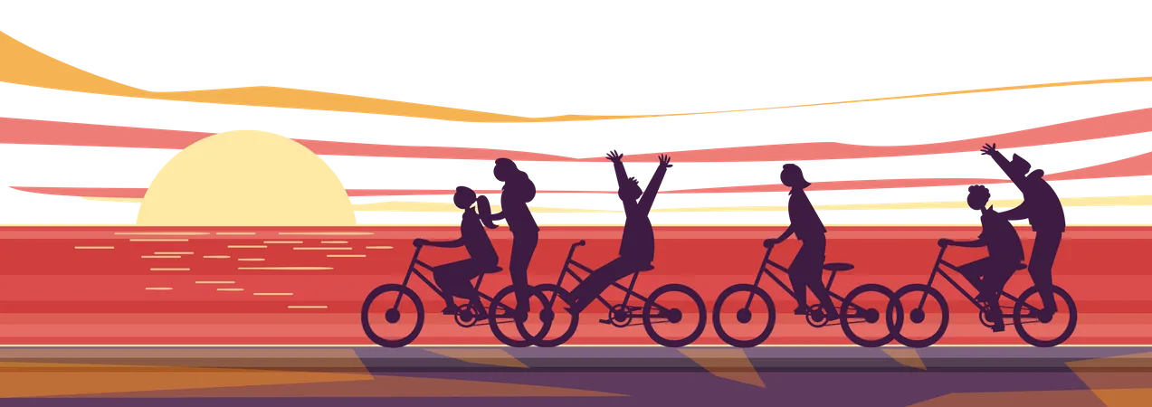 Groups of children ride bicycles on the beach  Illustration