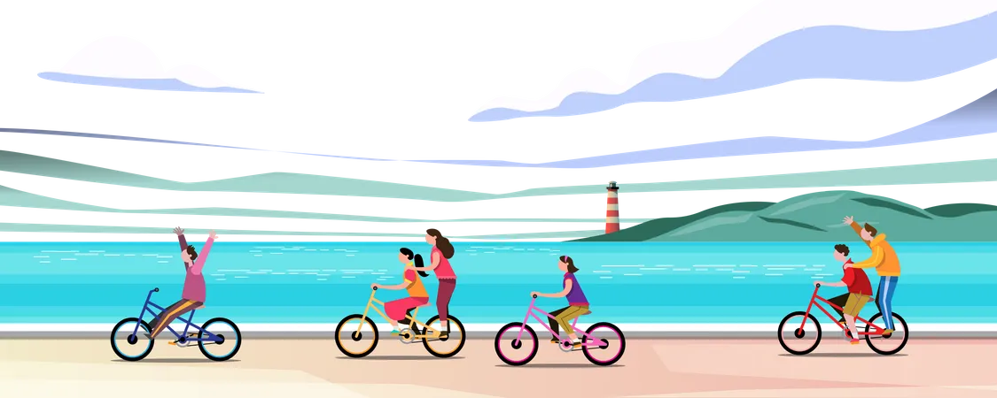 Groups of children ride bicycles on the beach  Illustration