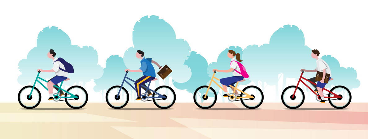 Groups of students ride bicycles to go to school  Illustration