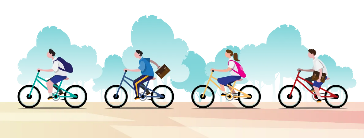 Groups of students ride bicycles to go to school Illustration