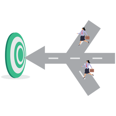 Groups of two businesswomen run to same bull eye from two different paths  Illustration