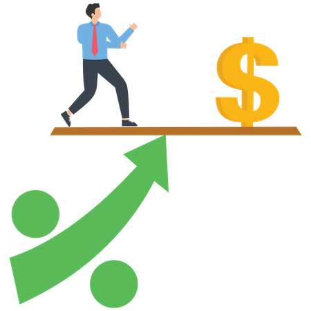 Growing arrow on businessman and money balance  Illustration