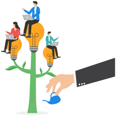 Growing Mindset Culture In The Workplace Developing Creativity Together In A Business Team Cultivating Corporate Value Concepts Employees Sitting On Same Lightbulb Tree While Being Watered By Boss Hand Illustration