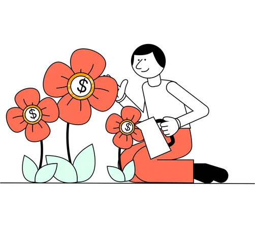 An Individual Nurtures Money Flower Plants Symbolizing Growth Investing And The Nurturing Approach Required To Cultivate Financial Success Illustration