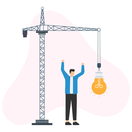 Grue de construction soulevant une ampoule lumineuse  Illustration