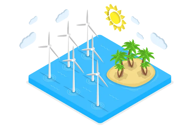 3 D Isometrische Flache Vektor Konzeptdarstellung Von Offshore Windenergie Grunen Energieturbinen Illustration