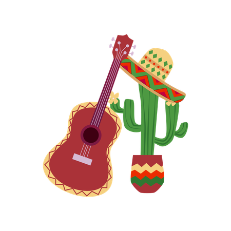 Grüner Kaktus im Topf dekoriert Sombrero Hut und Gitarre national  Illustration
