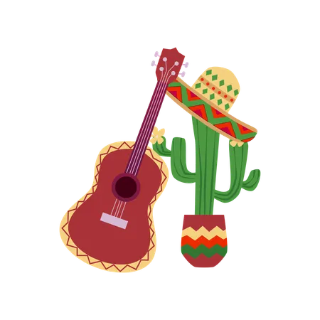 Grüner Kaktus im Topf dekoriert Sombrero Hut und Gitarre national  Illustration