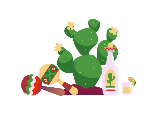 Grüner Kaktus mit gelben Blüten, ein Paar mexikanische Maracas und eine Tequila-Trinkflasche  Illustration