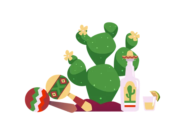 Grüner Kaktus mit gelben Blüten, ein Paar mexikanische Maracas und eine Tequila-Trinkflasche  Illustration