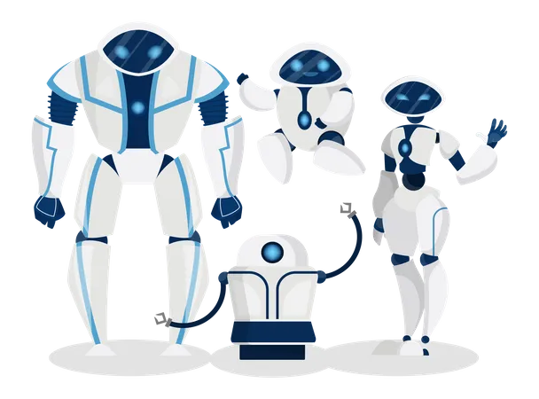 Grupo De Diseno De Personajes De Robots Inteligencia Artificial Y Cyborg Tecnologia Futurista Y Automatizacion Ilustracion De Vector Aislado En Estilo De Dibujos Animados Ilustración