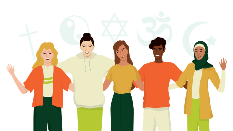 Grupo de amigos felices de diferente religión.  Ilustración