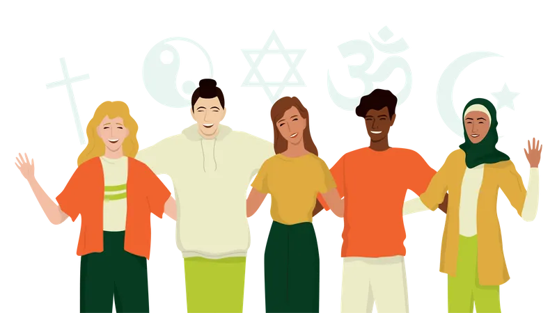 Grupo De Amigos Felices De Diferente Religion Islam Judaismo Budismo Cristianismo Hindu Taoista Diversidad Religiosa E Igualdad De Derechos Para Todos Ilustracion De Vector Aislado En Estilo De Dibujos Animados Ilustración