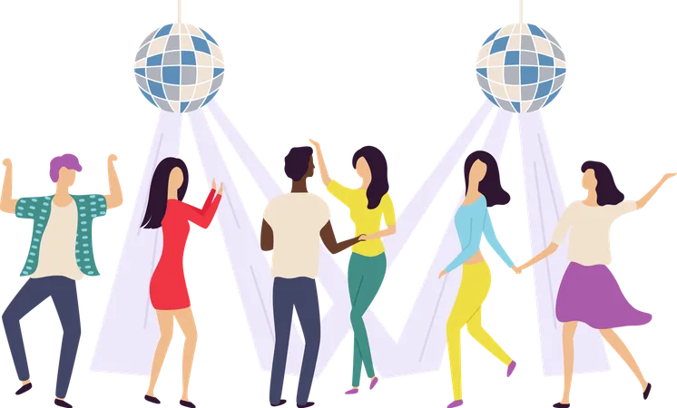 Grupo de amigos bailando en discoteca con bola de discoteca  Ilustración