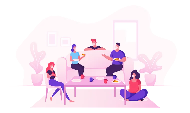 Grupo de amigos comemora festa em casa durante a Covid19, comendo pizza e bebendo chá  Ilustração