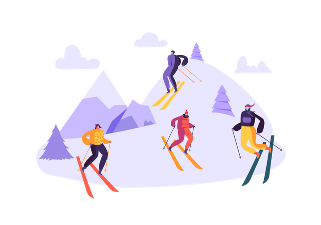 Grupo de amigos disfrutando del esquí.  Ilustración