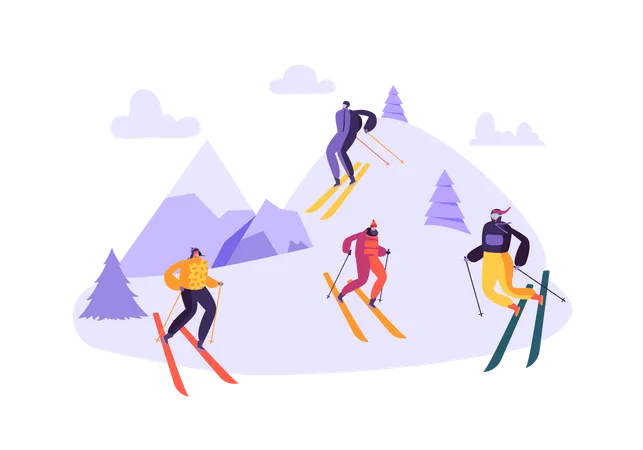 Grupo de amigos disfrutando del esquí.  Ilustración