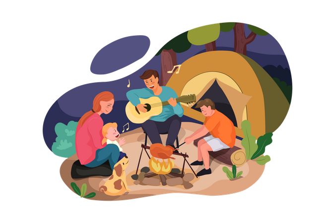 Grupo de amigos fazendo camping  Ilustração