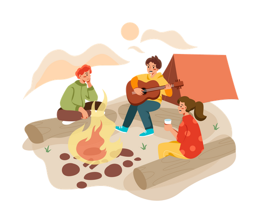 Grupo de amigos fazendo camping  Ilustração