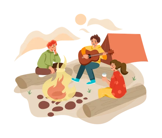 Grupo de amigos fazendo camping  Ilustração