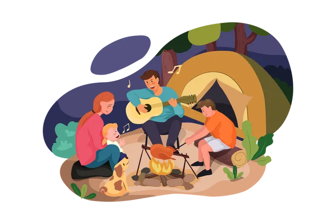 Grupo de amigos haciendo camping.  Ilustración