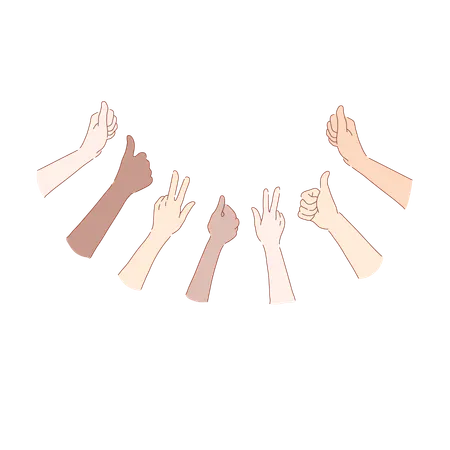 Grupo de amigos mostrando polegares para cima e sinais de paz  Ilustração