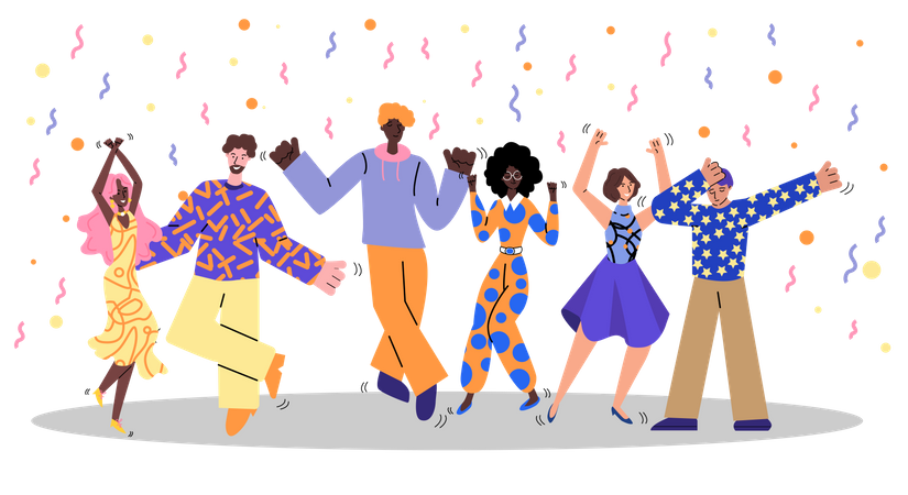 Grupo de amigos na festa de dança retrô  Ilustração
