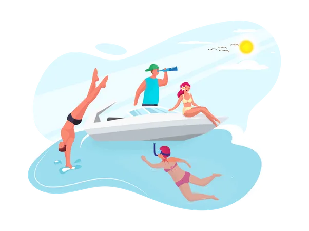 Grupo de amigos nadando en el mar  Ilustración
